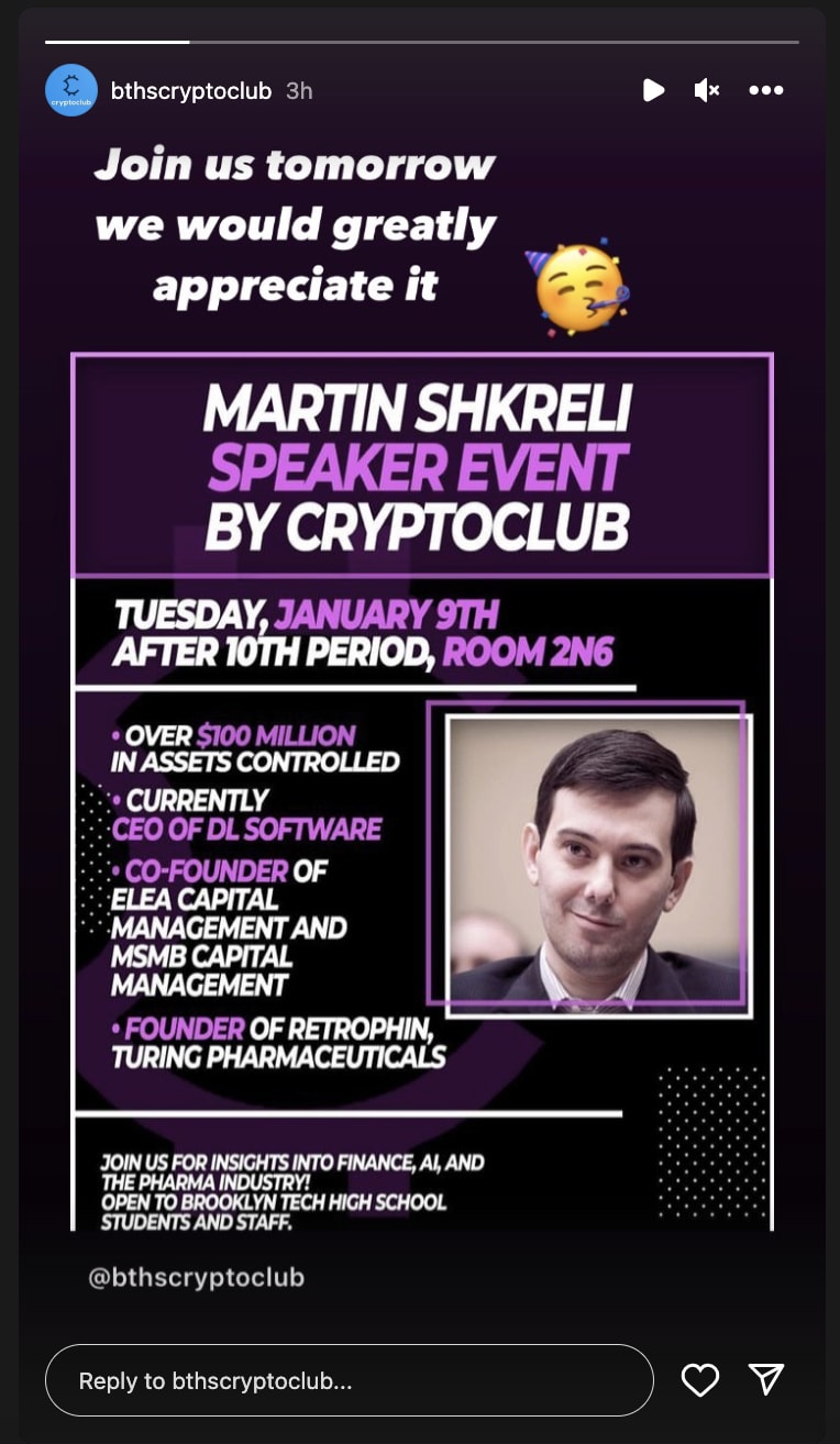 A flyer promoting Martin Shkreli’s planned event.