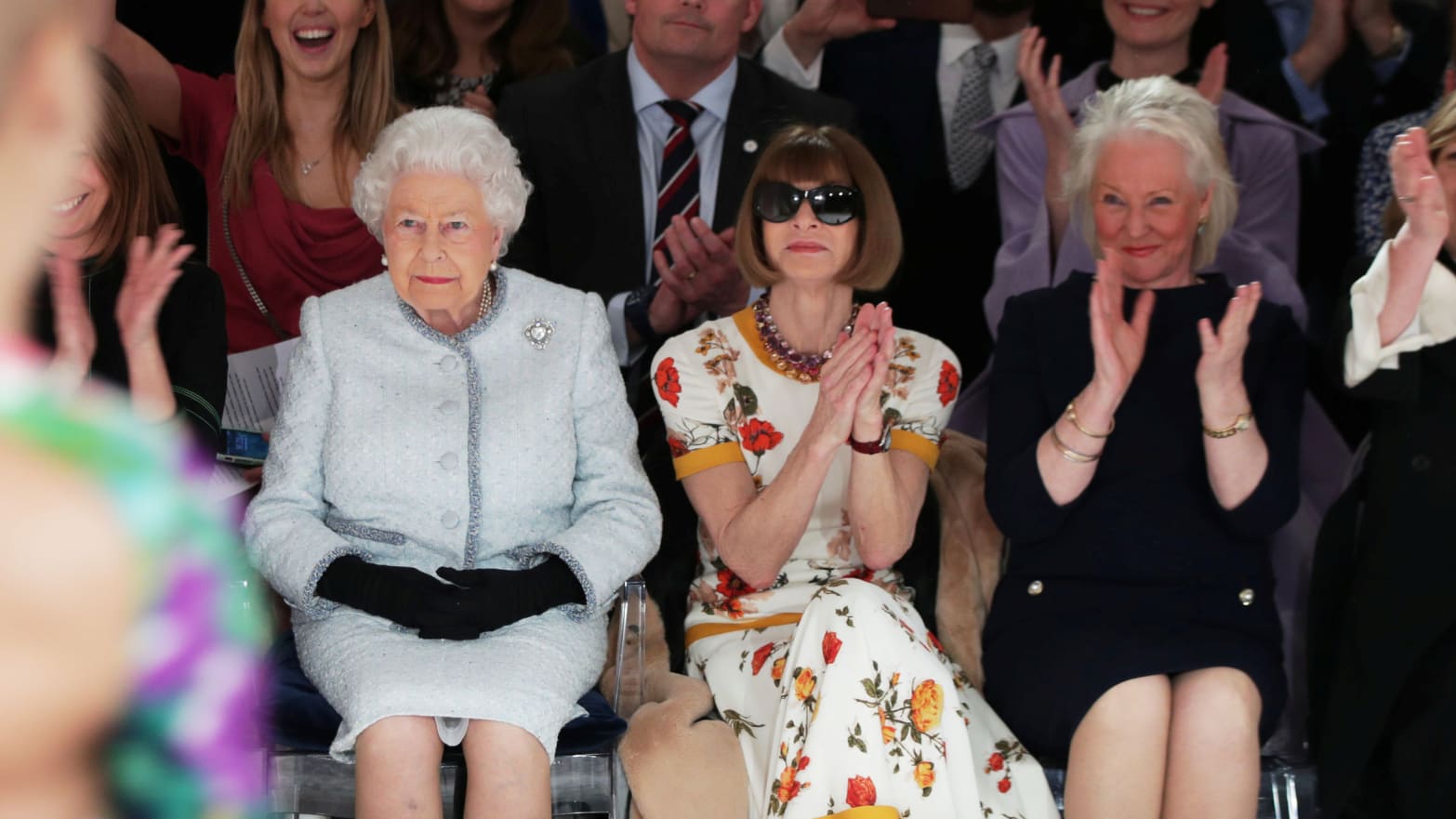 Queen Elizabeth with Vogue editor Anna Wintour and dresser Angela Kelly.