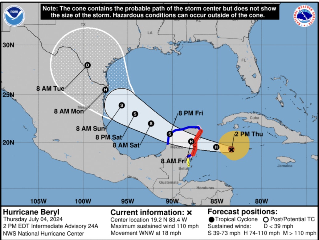 A map of the Carribean showing how Hurricane Beryl will progress