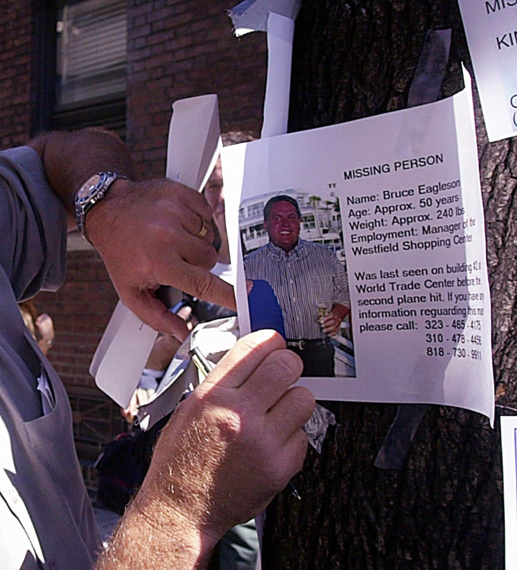 A painting of the missing Bruce Eagleson was hung outside the 69th Regiment Armory in New York on September 13, 2001, where friends and relatives of the person missing in the World Trade Center attack could fill out missing persons forms.