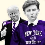 An illustration including former U.S. President Donald Trump and his son Barron Trump wearing or holding NYU Merch