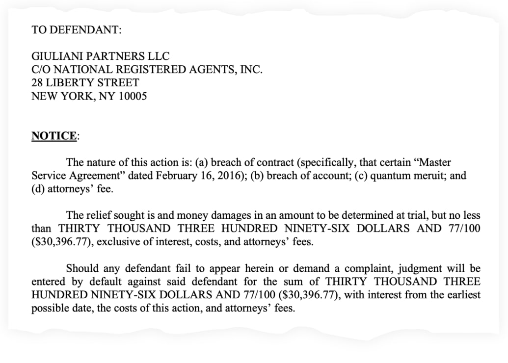 A snippet from the court summons Momentum Telecom filed against Giuliani Partners LLC.