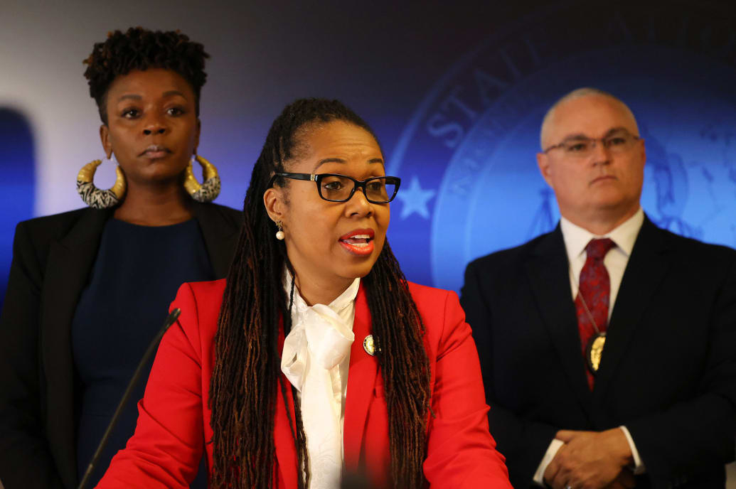 A photo of State Attorney Monique H. Worrell speaking during a news conference.