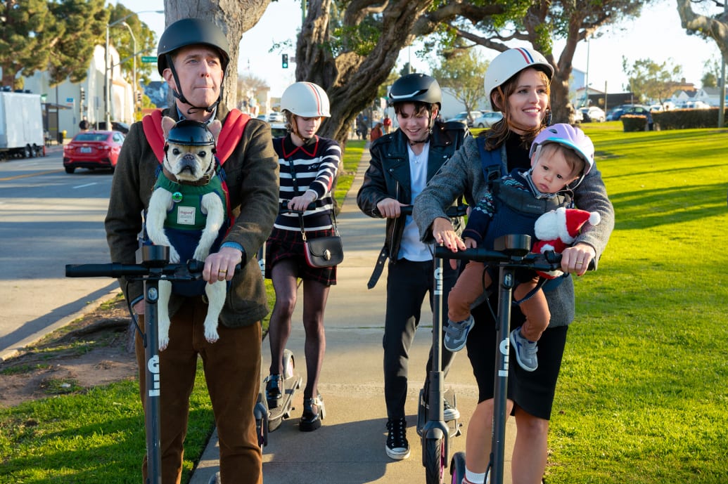 Ed Helms, Emma Myers, Brady Noon, Jennifer Garner, Theodore Brian Sykes, and Lincoln Alex Sykes in Family Switch.