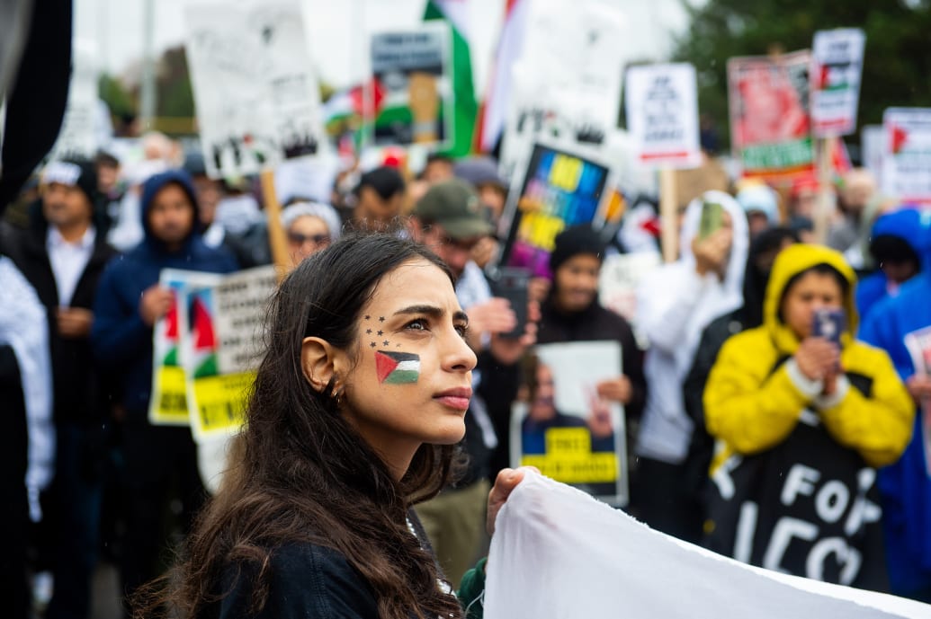 Residents of Detroit and the Arab Community of Dearborn march in support of Palestinians on October 14, 2023.