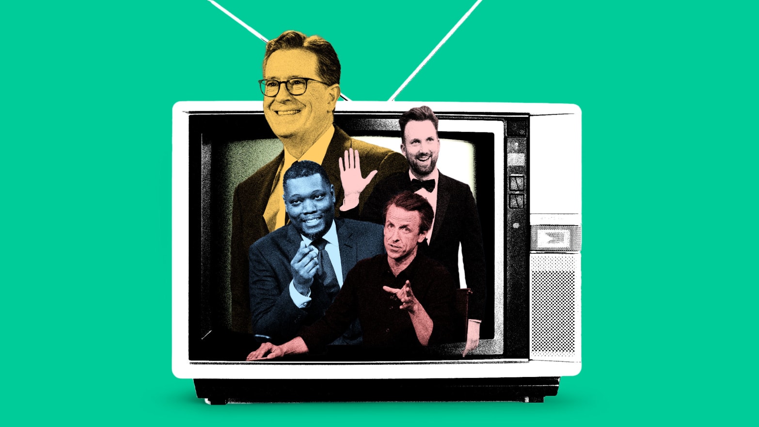 A photo illustration of Stephen Colbert, Jordan Klepper, Seth Meyers, and Michael Che inside of a TV