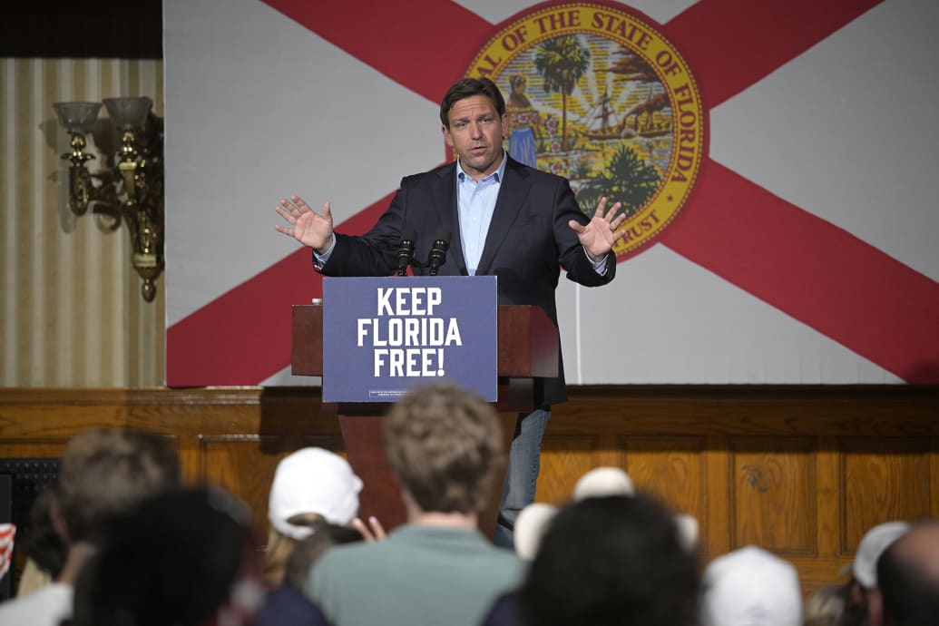 Ron DeSantis addresses supporters during a rally for himself and Sen. Marco Rubio on Nov. 7, 2022 in Orlando, Florida.