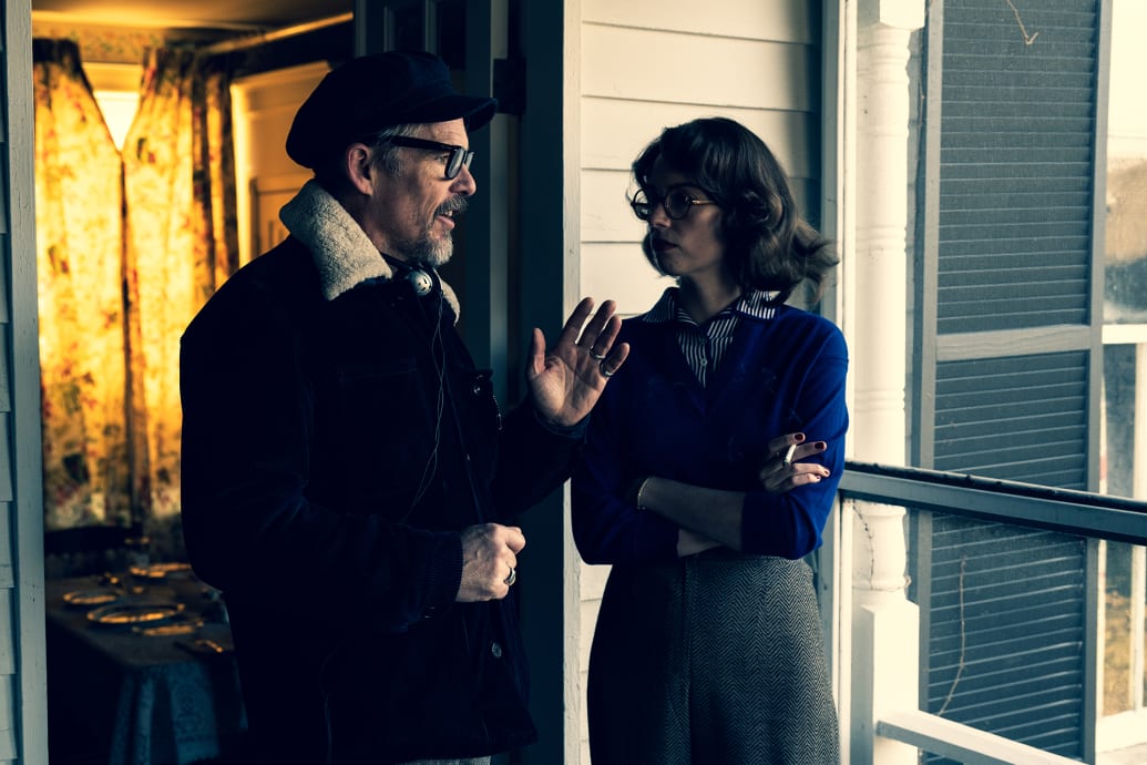 A photo of Ethan Hawke and Maya Hawke on the set of Wildcat