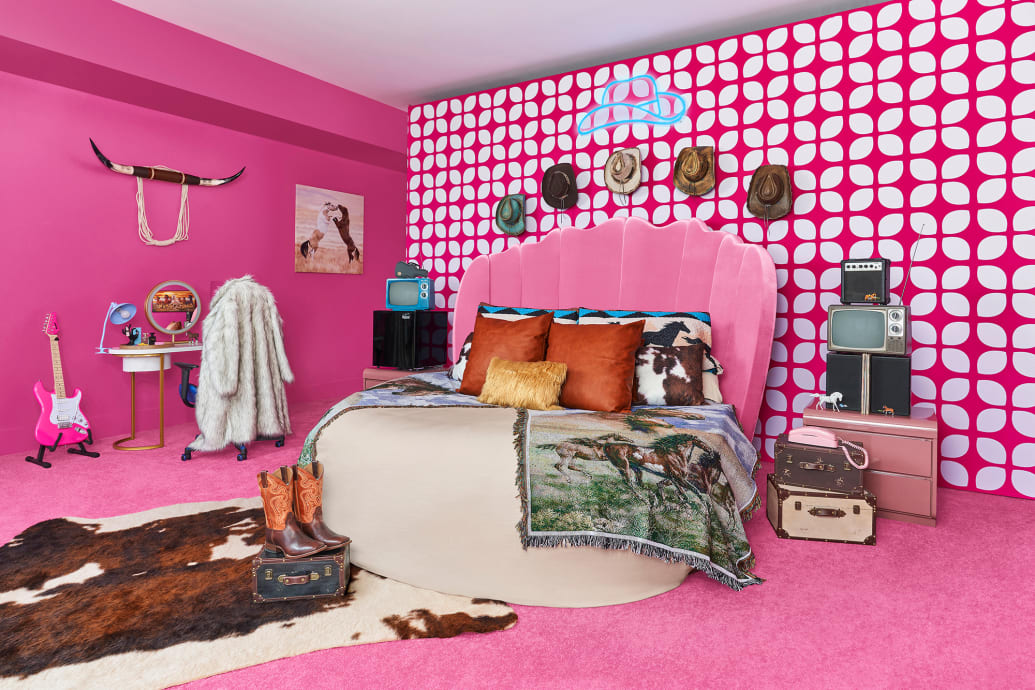 A photo of the bedroom at the Malibu Airbnb Barbie Dream House in California.