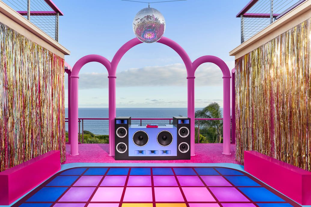 A photo of the disco dance floor at the Malibu Airbnb Barbie Dream House in California.