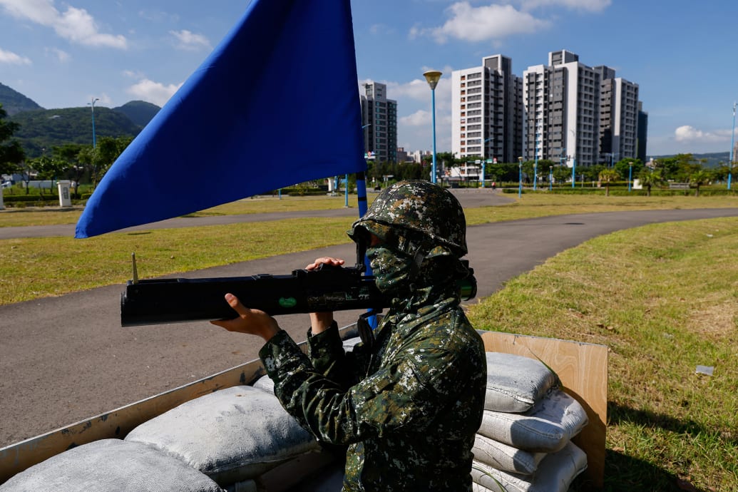 A photo of a soldier aiming a rocket launcher during a drill rehearsal in New Taipei City, Taiwan.