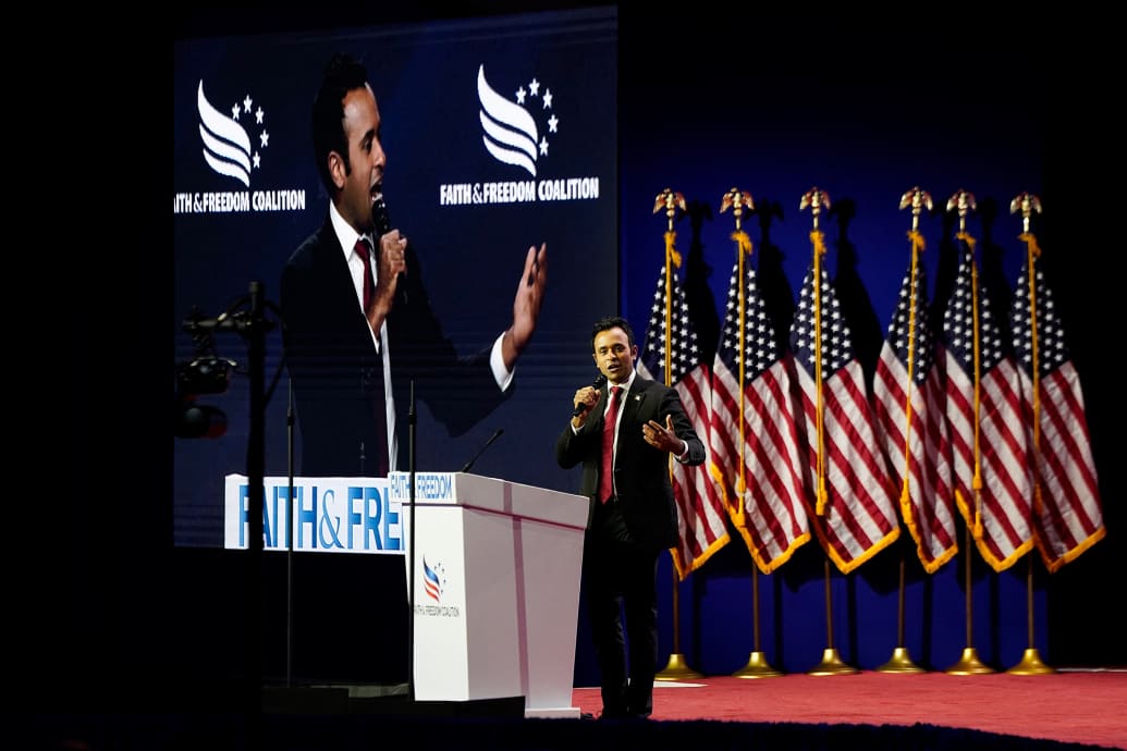 Republican U.S. presidential candidate Vivek Ramaswamy addresses a conference.