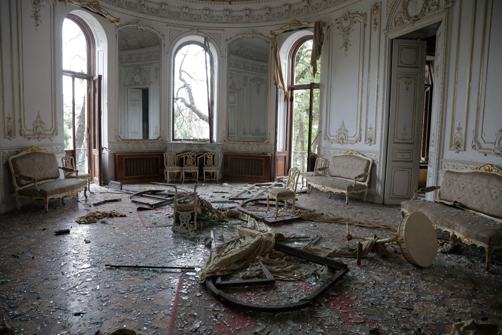 The interior of the House of Scientists shows the damage from a Russian missile attack in Odesa.