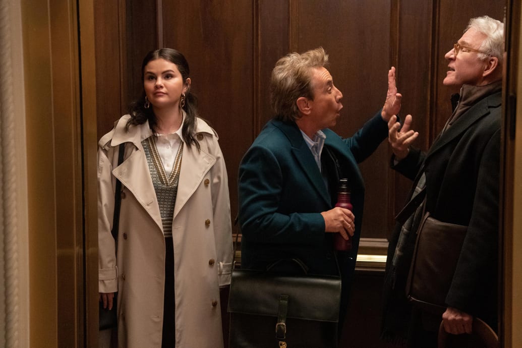 A still image of Selena Gomez, Martin Short, and Steve Martin in the new season of Only Murders in the Building.