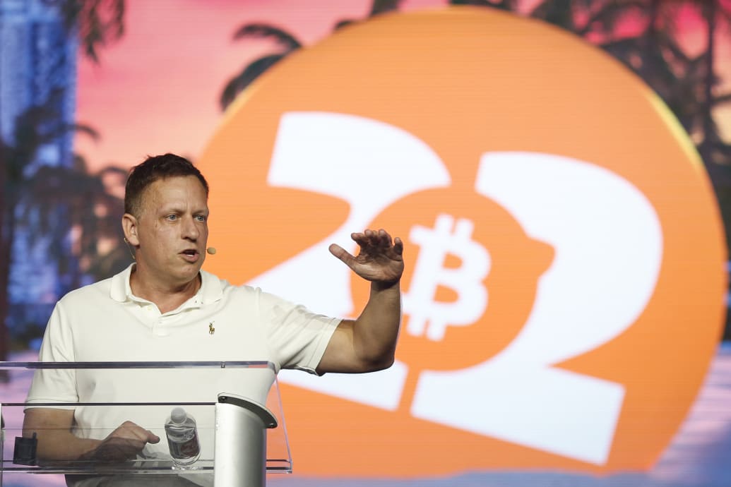 Peter Thiel, co-founder of PayPal, Palantir Technologies speaks during a Bitcoin conference.