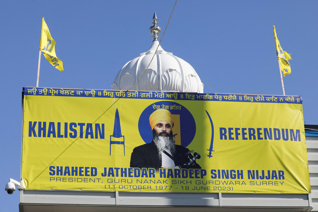A sign outside the Guru Nanak Sikh Gurdwara temple of Hardeep Singh Nijjar.