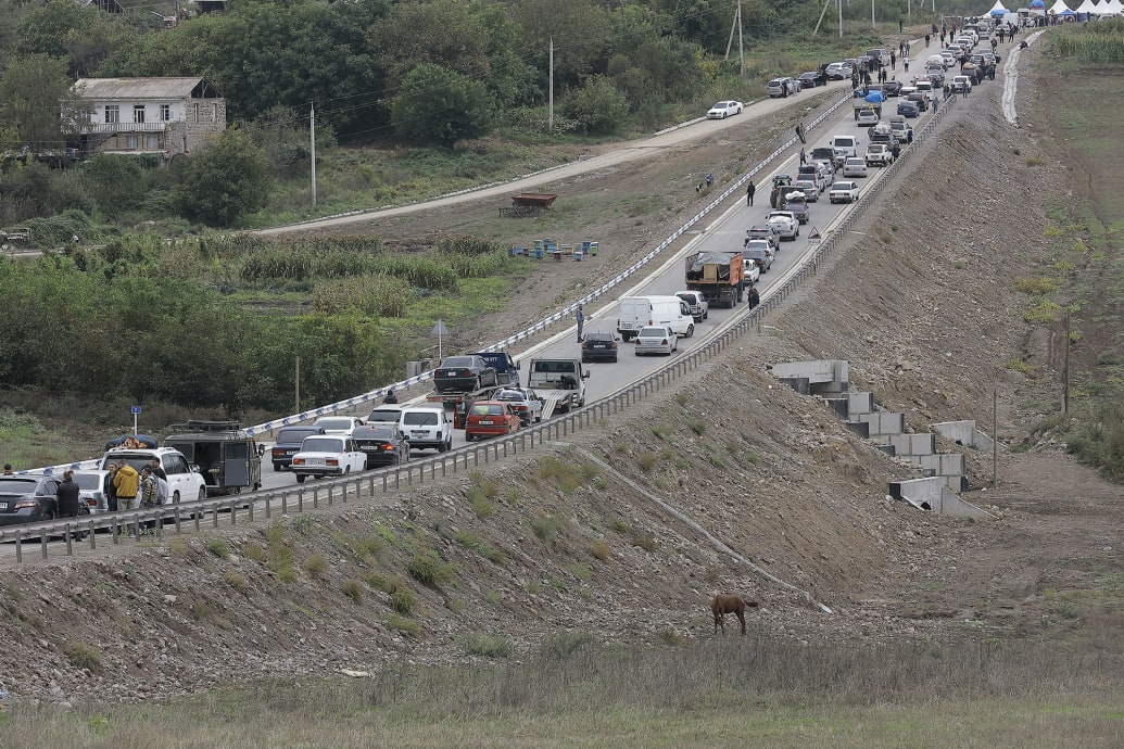 A line of cars as Armenians flee Nagorno-Karabakh in Lachin corridor.