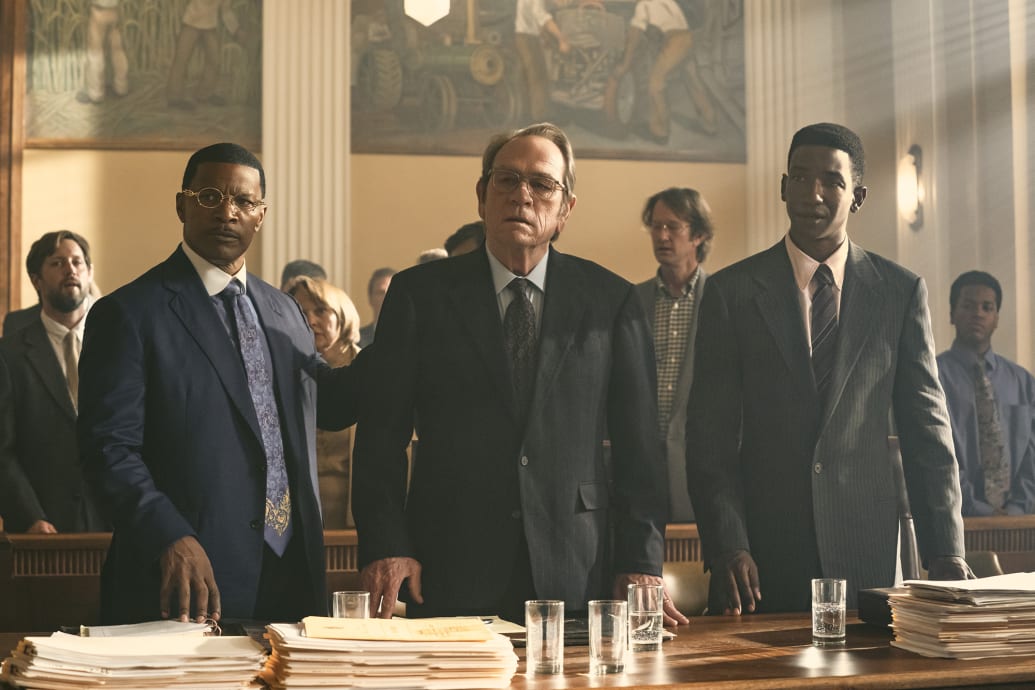 "Jamie Foxx, Pamela Reed, Tommy Lee Jones, and Mamoudou Athie in The Burial.