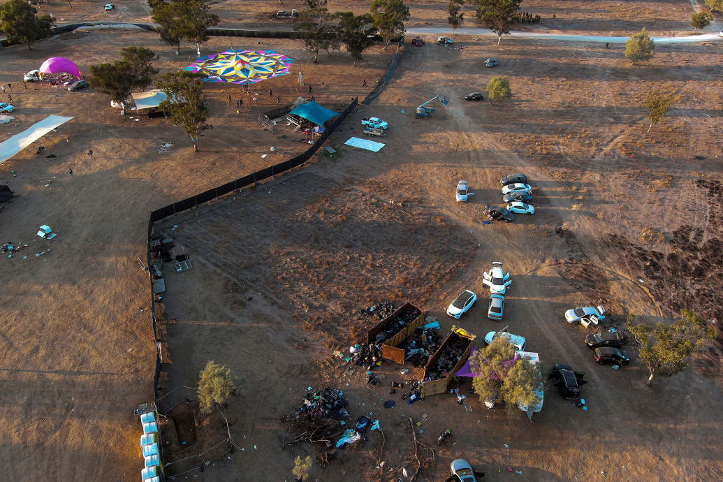 An aerial view shows abandoned cars of festival-goers at the site of an attack on the Nova Festival by Hamas.