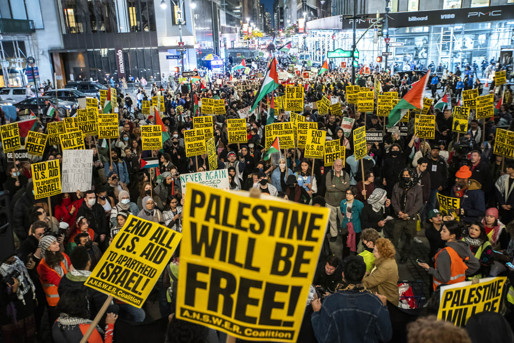 Pro-Palestinian activists protest outside the New York Public Library for a cease-fire in Gaza, on Nov. 17, 2023 in New York City.