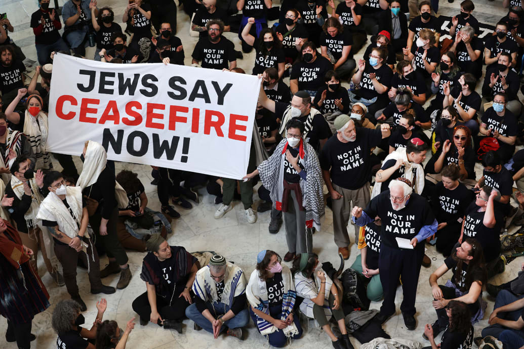 Protesters hold a demonstration in support of a cease fire in Gaza in the Cannon House Office Building.