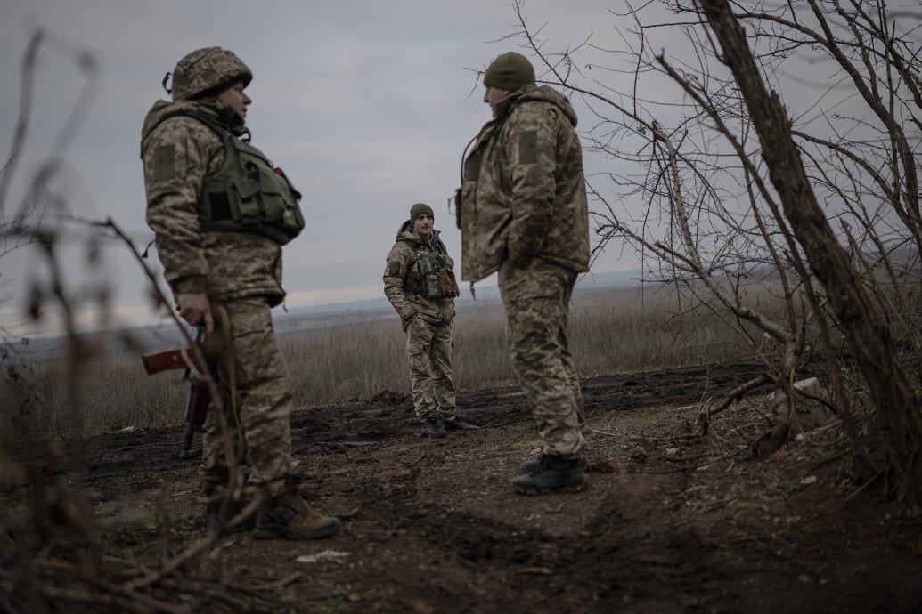 Ukrainian soldiers in their fighting position on the frontline in Zaphorizhia.
