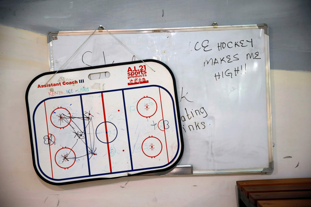 Boards are seen on a wall during a practice of Kenya's ice hockey team at its ice rink in Nairobi, Kenya.