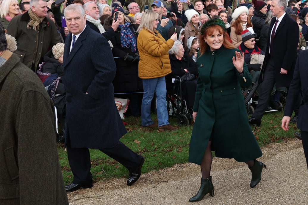 Prince Andrew, Duke of York, left, and Sarah, Duchess of York arrive for the Royal Family's traditional Christmas Day service at St Mary Magdalene Church on the Sandringham Estate in eastern England, on December 25, 2023.