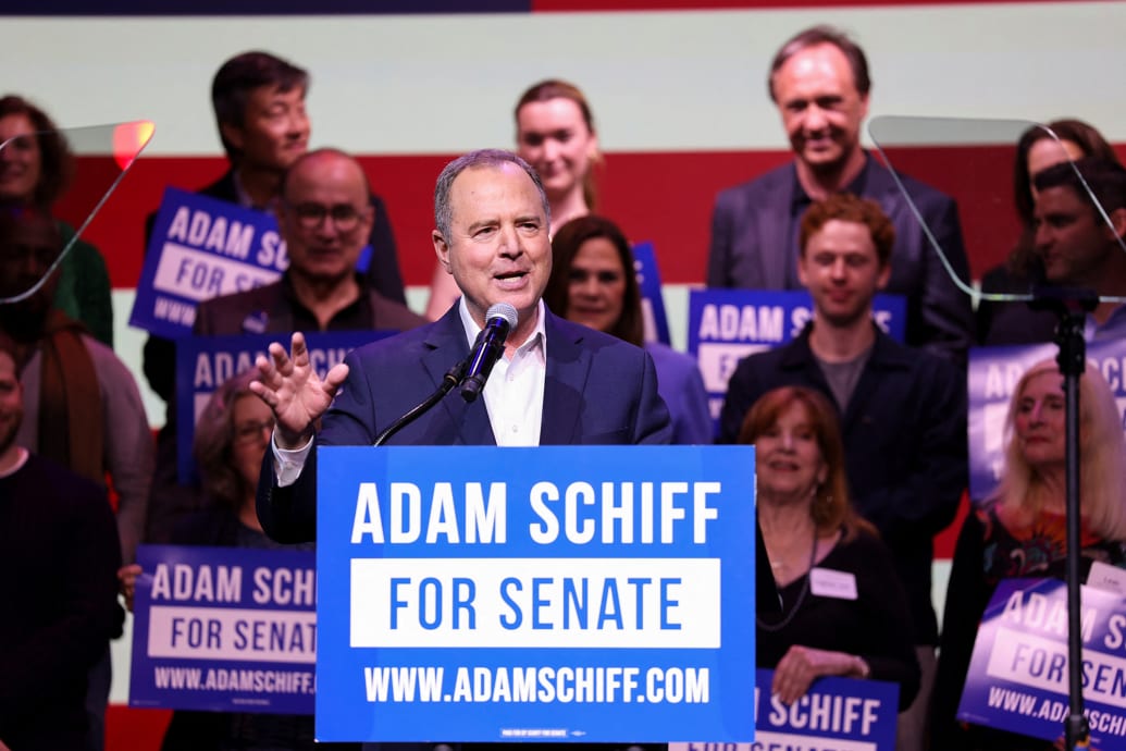 Representative Adam Schiff speaks during an election night party in Los Angeles.