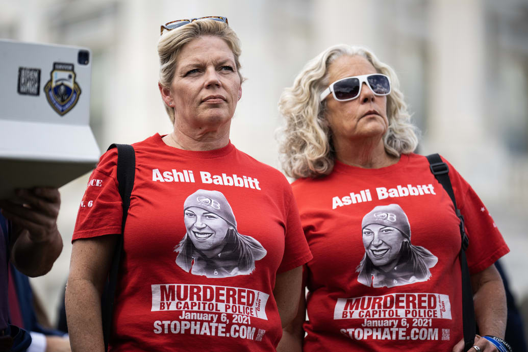 Micki Witthoeft, right, the mother of Ashli Babbitt, who was killed by Capitol Police on January 6th, and Nicole Reffitt, the wife of convicted rioter Guy Reffitt, attend a news conference with members of the House Freedom Caucus outside the U.S. Capitol.