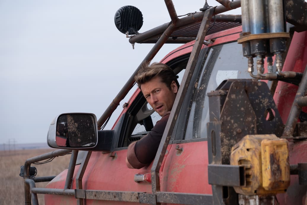 Glen Powell as Tyler in Twisters.