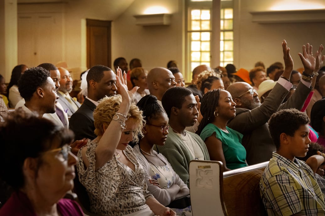 A photo still of Glenn Close as Alberta, Demi Singleton as Shante and Caleb McGlaughlin as Nate in The Deliverance