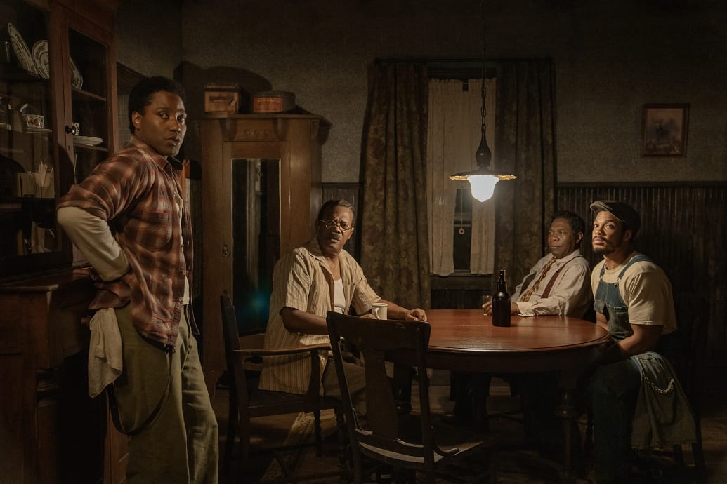 John David Washington, Samuel L. Jackson, Michael Potts, and Ray Fisher in The Piano Lesson.