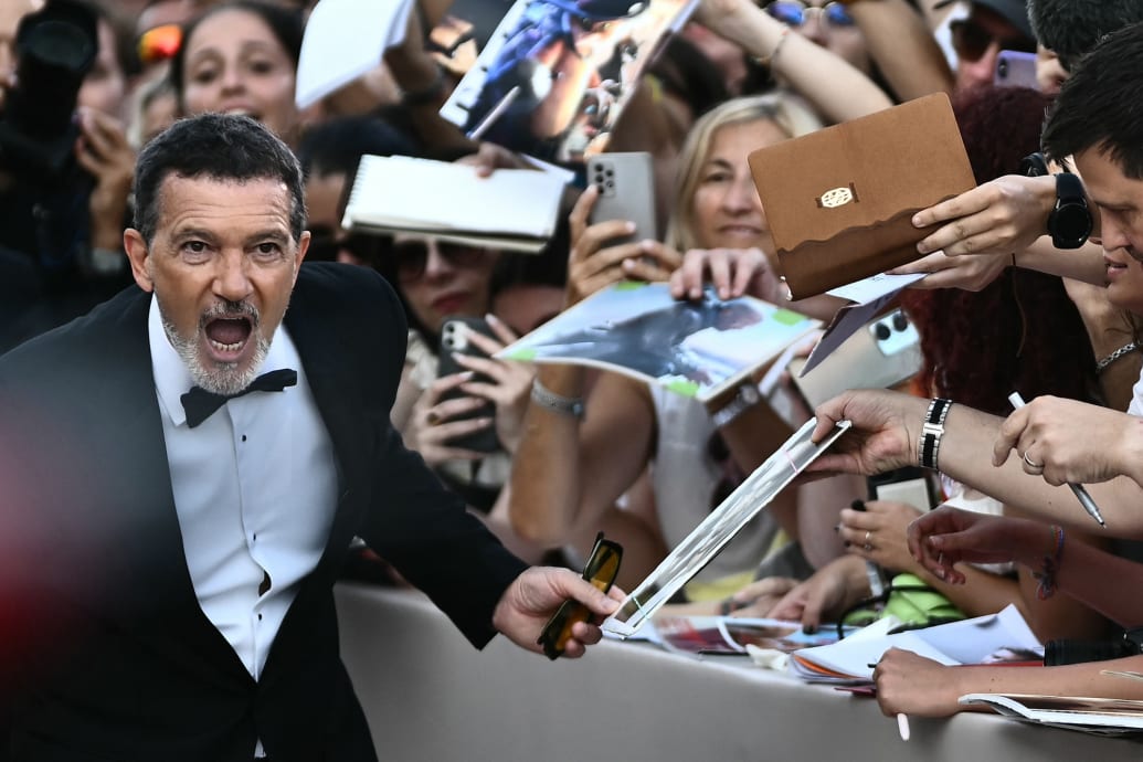 Antonio Banderas reacts on  the red carpet during the Venice Film Festival on August 30, 2024.