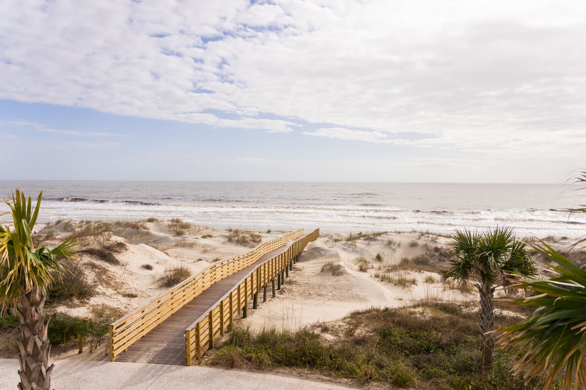 Photo of the wooden path leading to the beaches on Jekyll Island, Georgia.