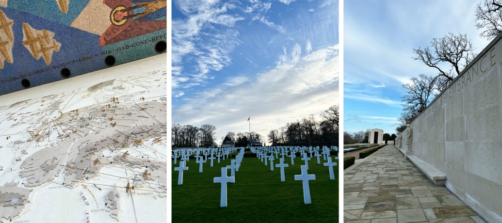 A triptych of photos from Cambridge American Cemetry and Memorial 