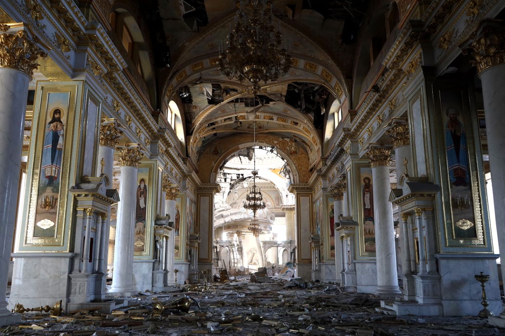 The damaged interior of the Transfiguration Cathedral as a result of a Russian missile strike in Odesa, Ukraine.