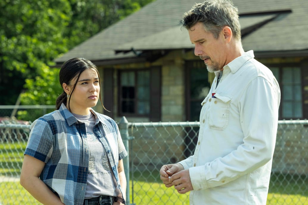 Devery Jacobs as Elora Danan and Ethan Hawke as Rick in Reservation Dogs.
