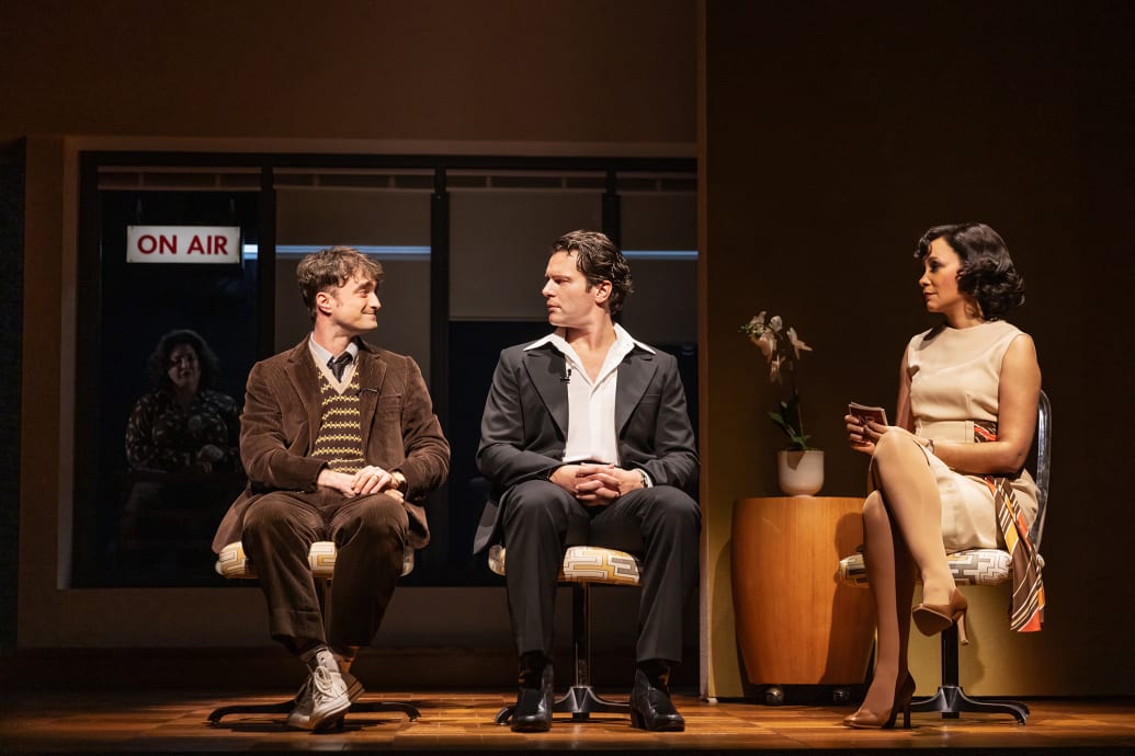Daniel Radcliffe , Jonathan Groff and, Natalie Wachen in "Merrily We Roll Along" on Broadway.
