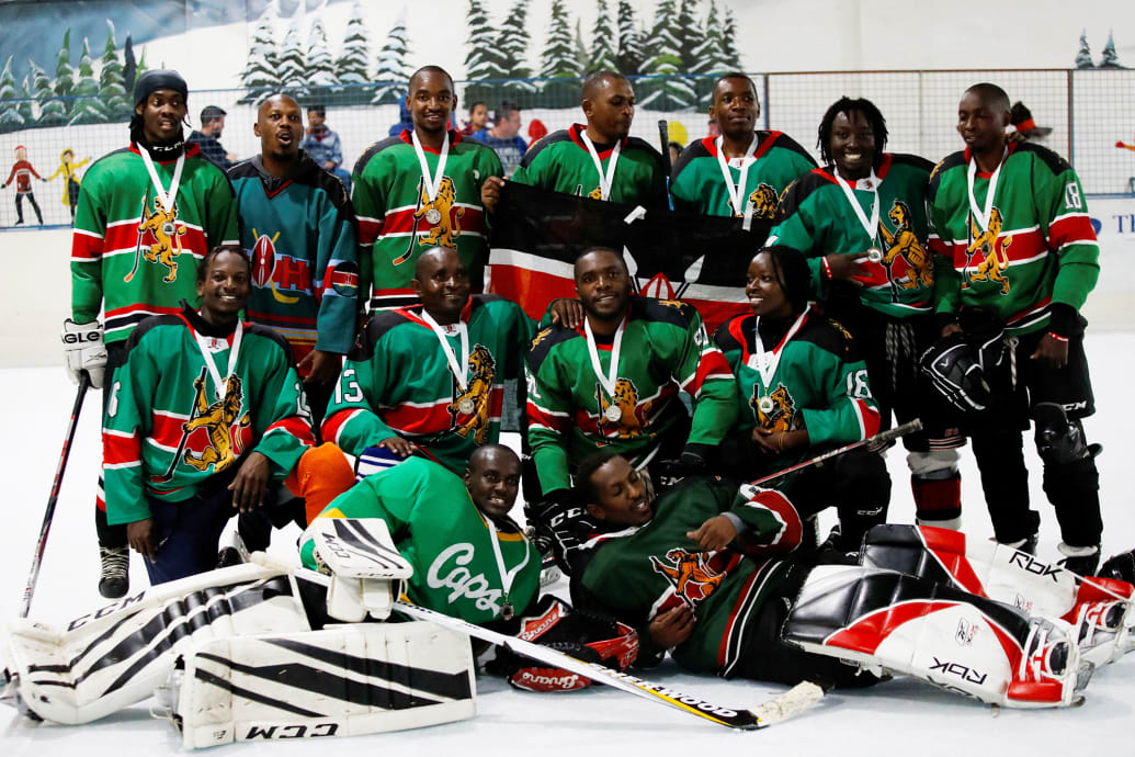 The Kenya national ice hockey team pose for a group photograph after a friendly tournament at the Panari Ice Skating Rink in Nairobi.