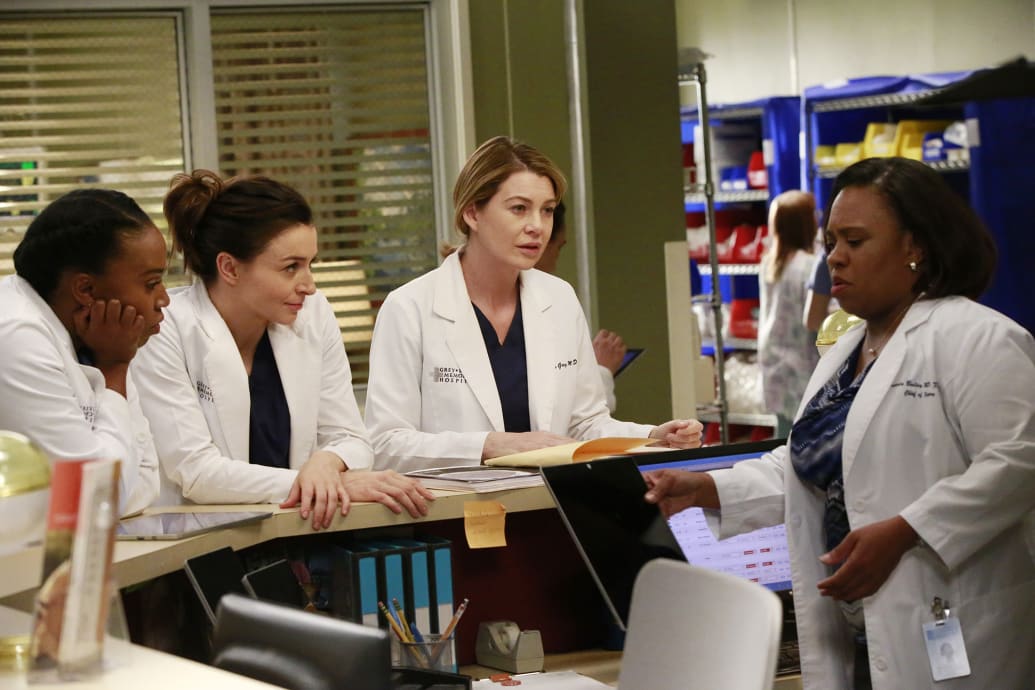 Caterina Scorsone, Ellen Pompeo, Terrika Hinton, and Chandra Wilson in season twelve of Grey’s Anatomy.
