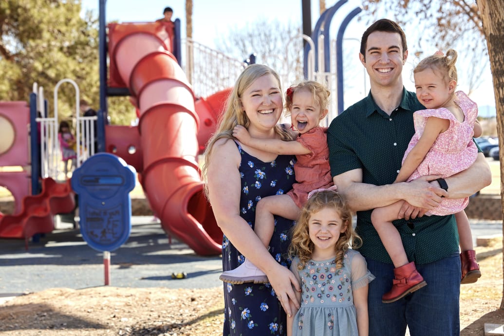 Joe Dalia and his wife, Marina, with their three daughters at a park in Henderson, NV.