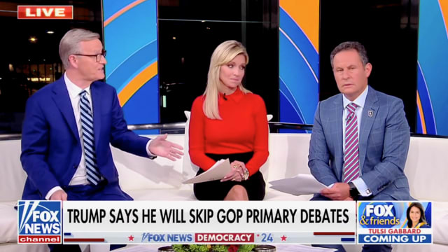 A screen shot of “Fox & Friends” discussing Donald Trump’s decision to skip the GOP presidential debates.