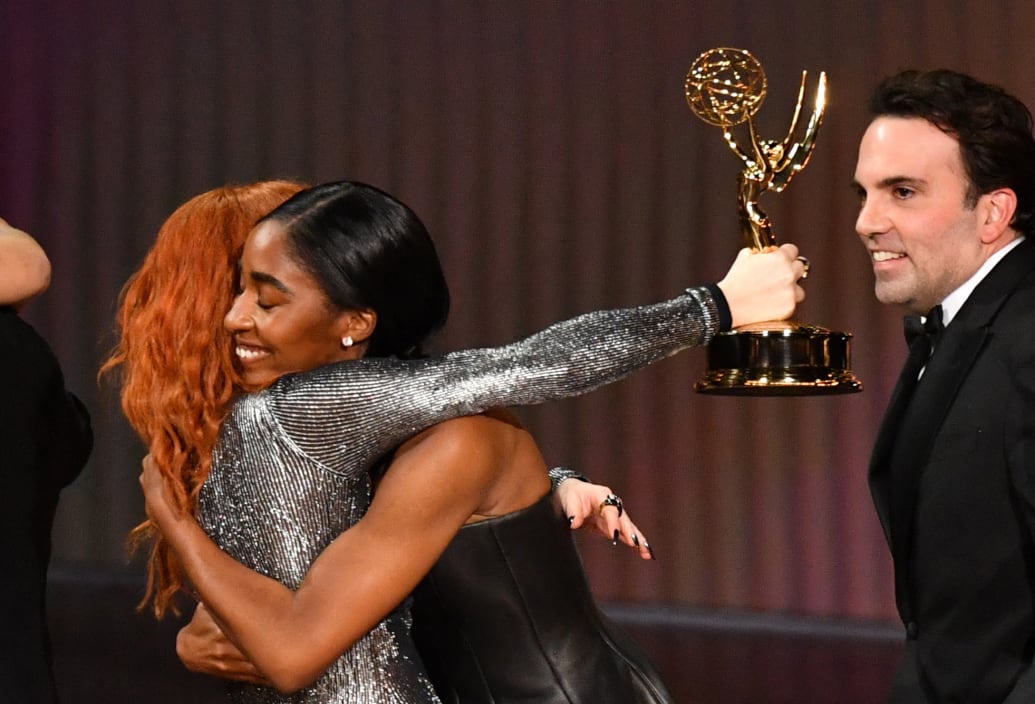 Natasha Lyonne hugging Ayo Edebiri at the Emmy Awards