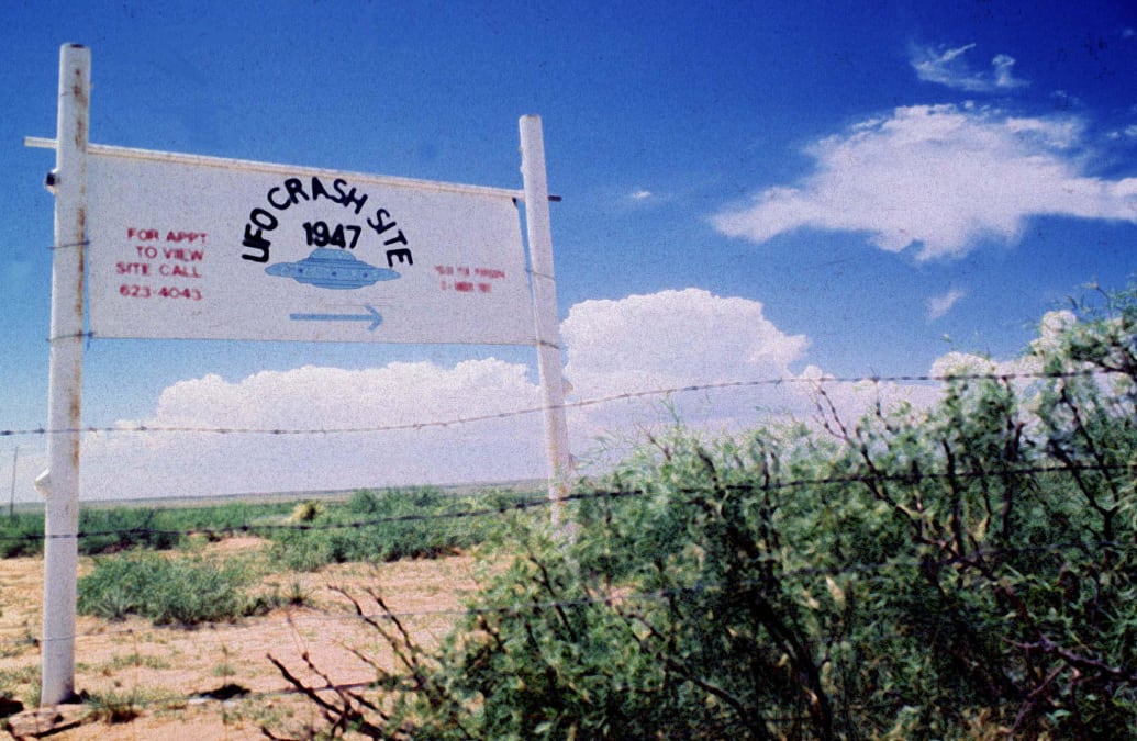 A sign saying UFO Crash Site 1947