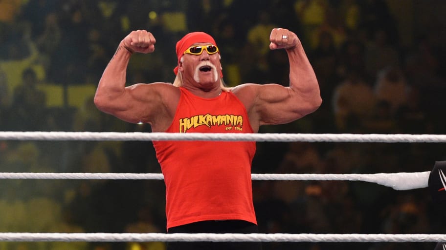 Wrestling legend Hulk Hogan greets the crowd during a World Wrestling Entertainment event.