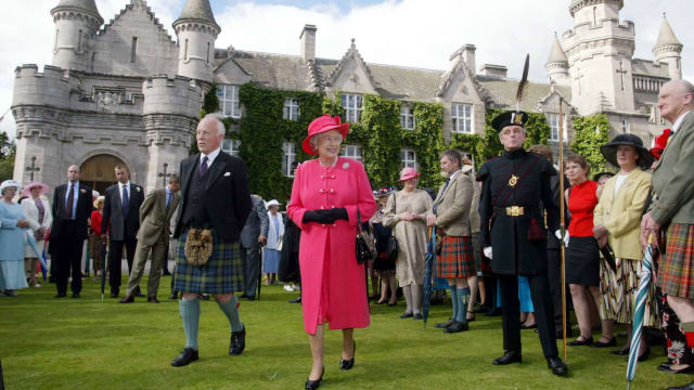 The final day of the Golden Jubilee tour ends with a Garden Party in the grounds of the Queen's home at Balmoral Castle. Queen Elizabeth ll walks through the gardens to meet some of her 3,000 guests.