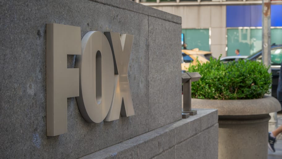 Marquee at the main entrance to the FOX News Headquarters at NewsCorp Building in Manhattan.