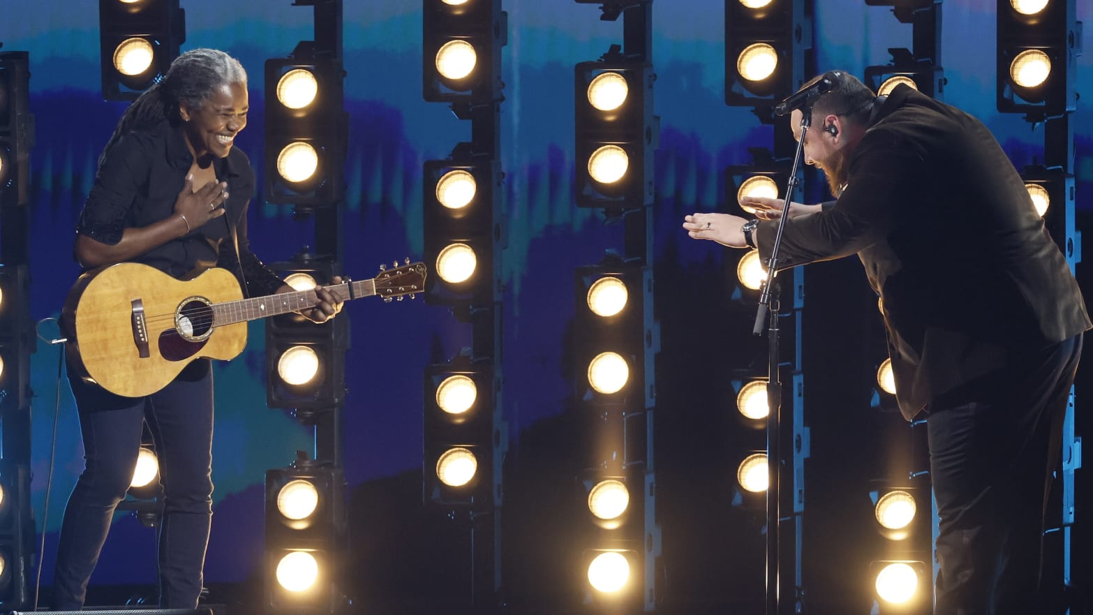 Tracy Chapman, left and Luke Combs, right, at the 66th Grammy Awards