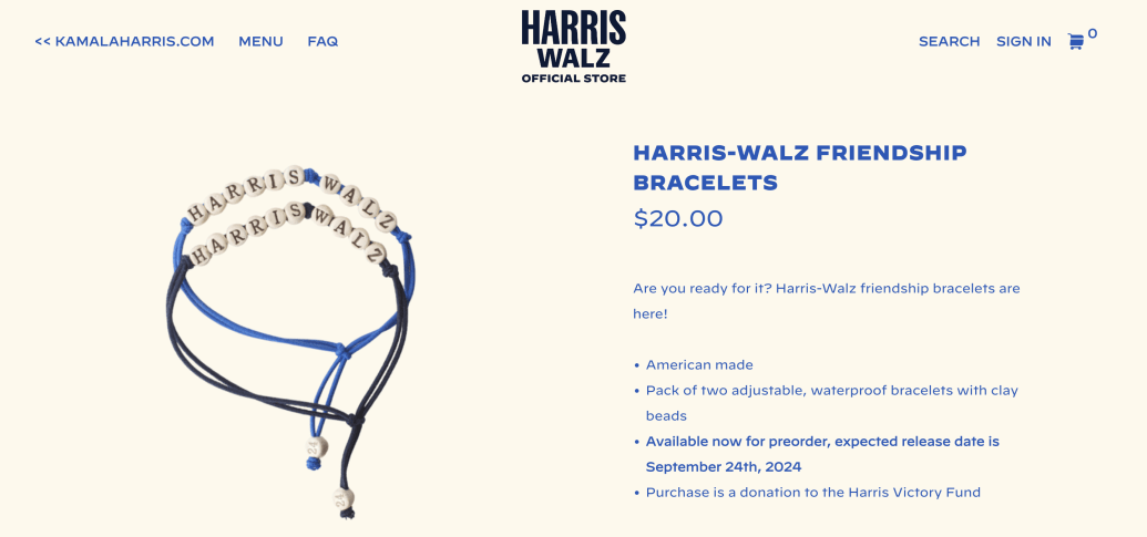 The Kamala Harris campaign’s page for friendship bracelets.